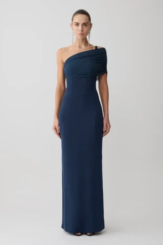 Hanh One Shoulder Mesh Maxi Dress – Ink Blue