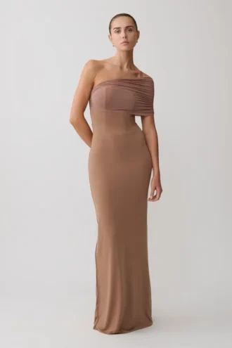 Hanh One Shoulder Mesh Maxi Dress – Tan