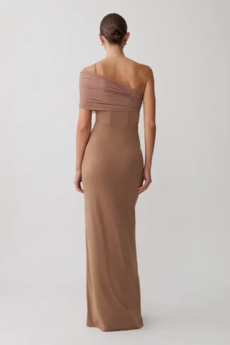 Hanh One Shoulder Mesh Maxi Dress – Tan