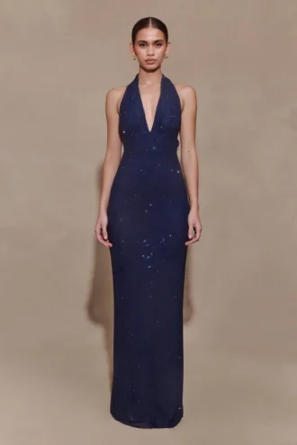 Harriet Halter Neck Diamante Maxi Dress – Navy