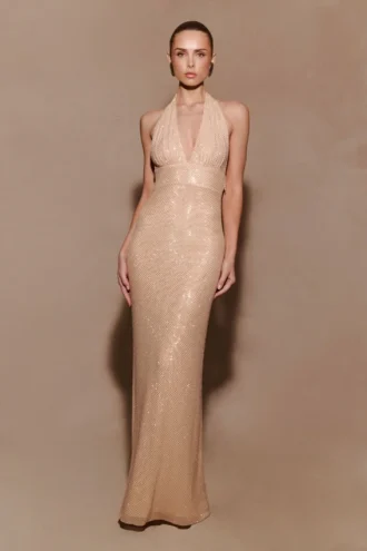 Harriet Halter Neck Diamante Maxi Dress – Sandy Gold