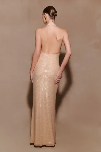 Harriet Halter Neck Diamante Maxi Dress – Sandy Gold