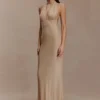 Harriet Halter Neck Diamante Maxi Dress – Sandy Gold