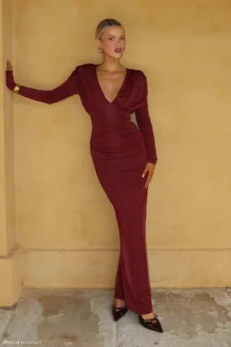 Hayden Long Sleeve Plunge Maxi Dress – Wine