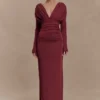 Hayden Long Sleeve Plunge Maxi Dress – Wine