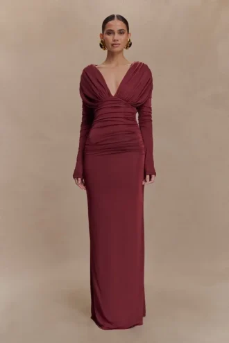 Hayden Long Sleeve Plunge Maxi Dress – Wine