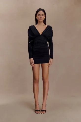 Hayden Long Sleeve Plunge Mini Dress – Black