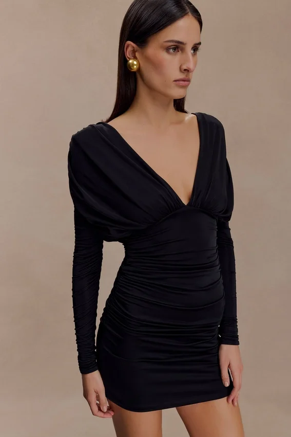 Hayden Long Sleeve Plunge Mini Dress – Black Hayden Long Sleeve Plunge Mini Dress – Black