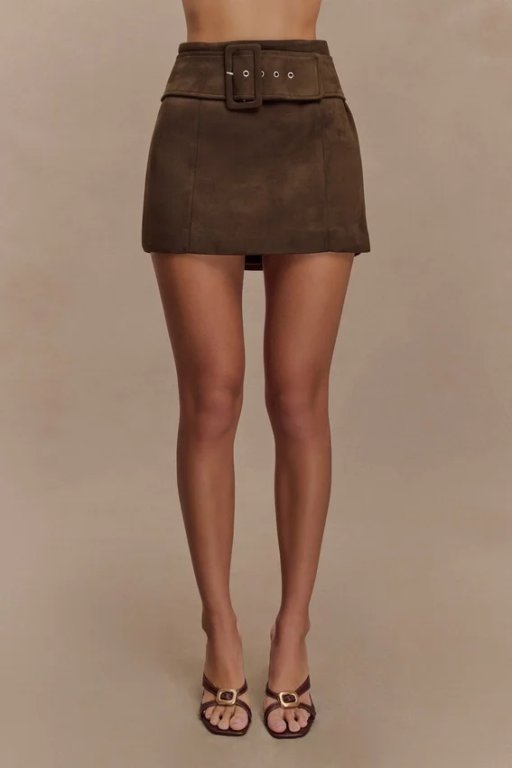 Hayes Faux Suede Belted Mini Skirt – Chocolate Hayes Faux Suede Belted Mini Skirt – Chocolate