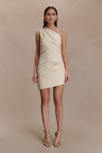 Helena One Shoulder Linen Mini Dress – Natural Beige