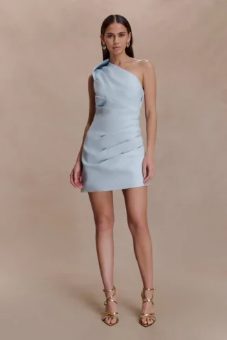 Helena One Shoulder Linen Mini Dress – Powder Blue