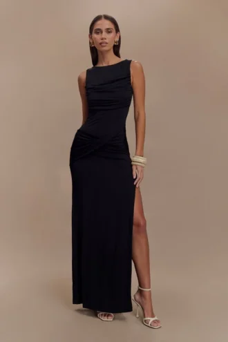 Henley Slinky Drape Maxi Dress – Black