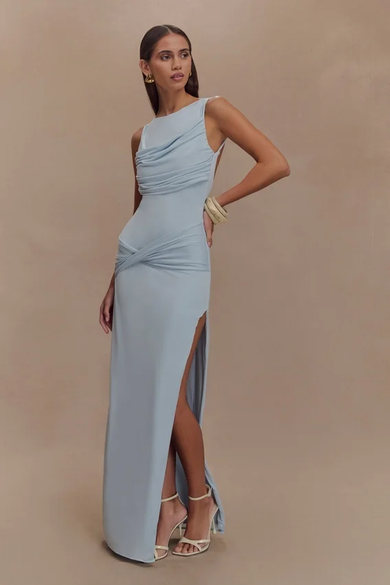 Henley Slinky Drape Maxi Dress – Pale Blue Henley Slinky Drape Maxi Dress – Pale Blue