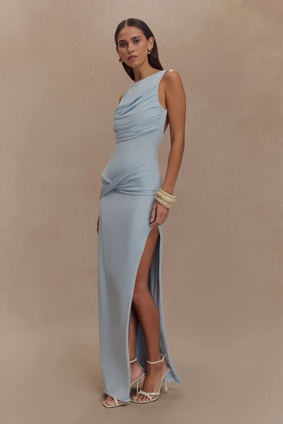 Henley Slinky Drape Maxi Dress – Pale Blue Henley Slinky Drape Maxi Dress – Pale Blue