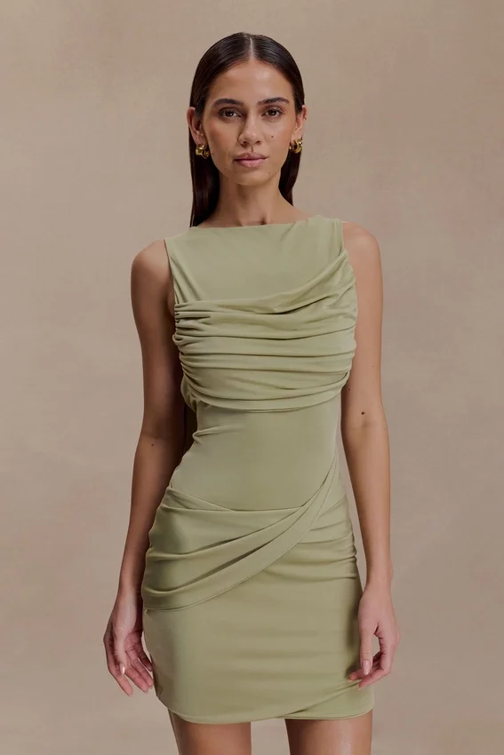 Henley Slinky Drape Mini Dress – Sage Henley Slinky Drape Mini Dress – Sage