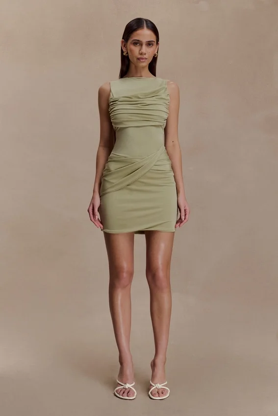 Henley Slinky Drape Mini Dress – Sage Henley Slinky Drape Mini Dress – Sage