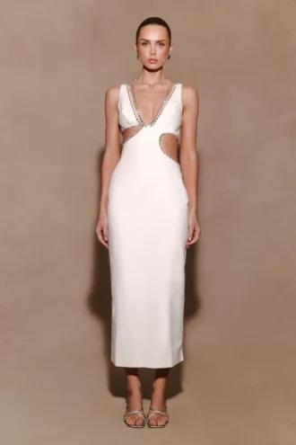 Henny Diamante Trim Cut Out Midi Dress – White