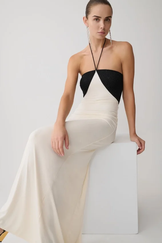 Hien Sequin Halter Maxi Dress – Black/Ivory Hien Sequin Halter Maxi Dress – Black/Ivory