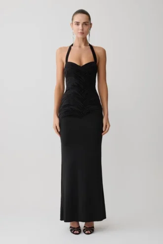 Hoai Gathered Slinky Halter Maxi Dress – Black