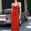 Hoai Gathered Slinky Halter Maxi Dress – Deep Red