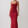 Hoai Gathered Slinky Halter Maxi Dress – Deep Red