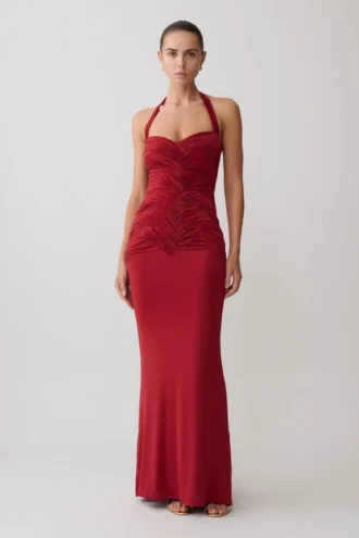 Hoai Gathered Slinky Halter Maxi Dress – Deep Red