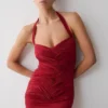 Hoai Gathered Slinky Halter Maxi Dress – Deep Red