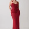 Hoai Gathered Slinky Halter Maxi Dress – Deep Red