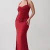 Hoai Gathered Slinky Halter Maxi Dress – Deep Red