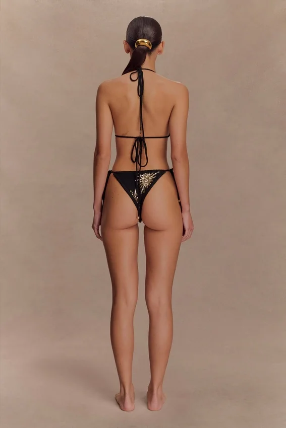 Huntleigh Crochet Bikini Bottom – Black & Gold Sunshine Print Huntleigh Crochet Bikini Bottom – Black & Gold Sunshine Print