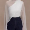 Ida Sheer Asymmetrical Long Sleeve Cape – White