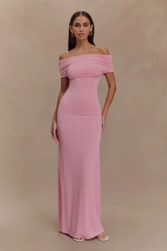 Imogen Off Shoulder Slinky Maxi Dress – Candy Pink