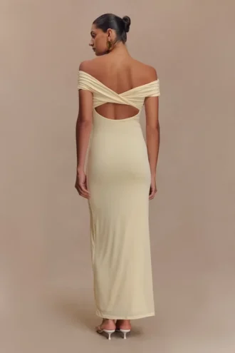 Imogen Off Shoulder Slinky Maxi Dress – Lemon
