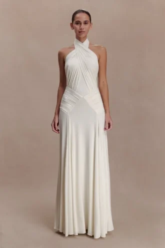 Indira Gathered Slinky Halter Maxi Dress – Ivory