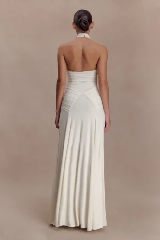 Indira Gathered Slinky Halter Maxi Dress – Ivory