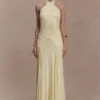 Indira Gathered Slinky Halter Maxi Dress – Lemon