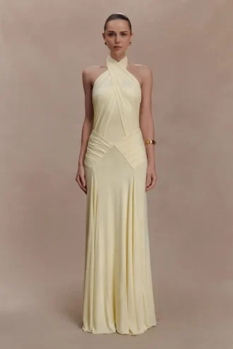 Indira Gathered Slinky Halter Maxi Dress – Lemon