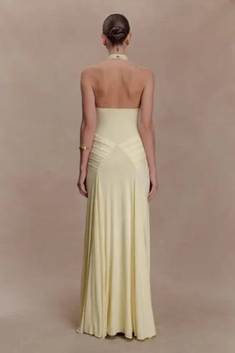 Indira Gathered Slinky Halter Maxi Dress – Lemon