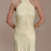 Indira Gathered Slinky Halter Maxi Dress – Lemon