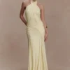 Indira Gathered Slinky Halter Maxi Dress – Lemon