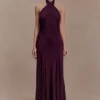 Indira Gathered Slinky Halter Maxi Dress – Mahogany