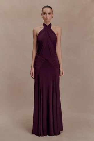 Indira Gathered Slinky Halter Maxi Dress – Mahogany