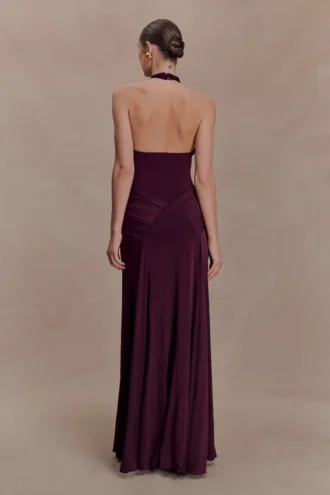 Indira Gathered Slinky Halter Maxi Dress – Mahogany
