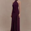 Indira Gathered Slinky Halter Maxi Dress – Mahogany