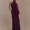 Indira Gathered Slinky Halter Maxi Dress – Mahogany