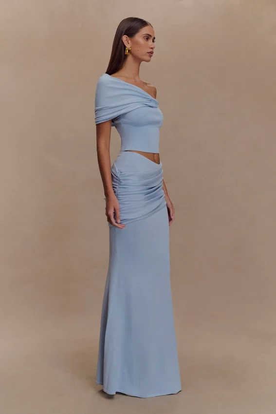 Irene Gathered Knit Maxi Skirt – Blue Irene Gathered Knit Maxi Skirt – Blue