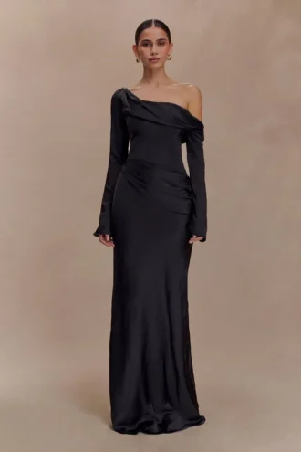 Iris Long Sleeve Satin Maxi Dress – Black