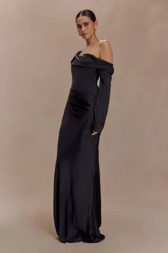 Iris Long Sleeve Satin Maxi Dress – Black