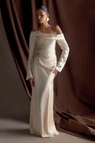 Iris Long Sleeve Satin Maxi Dress – Blush Gold