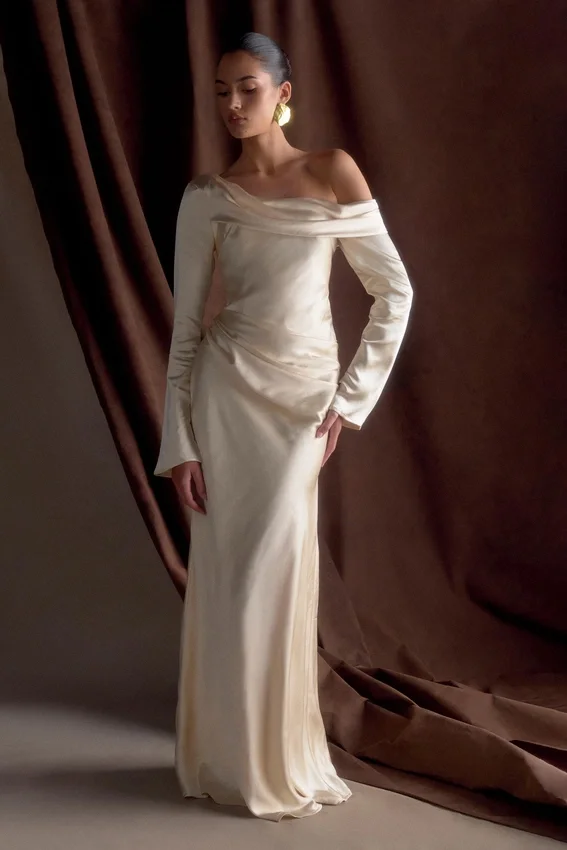 Iris Long Sleeve Satin Maxi Dress – Blush Gold Iris Long Sleeve Satin Maxi Dress – Blush Gold